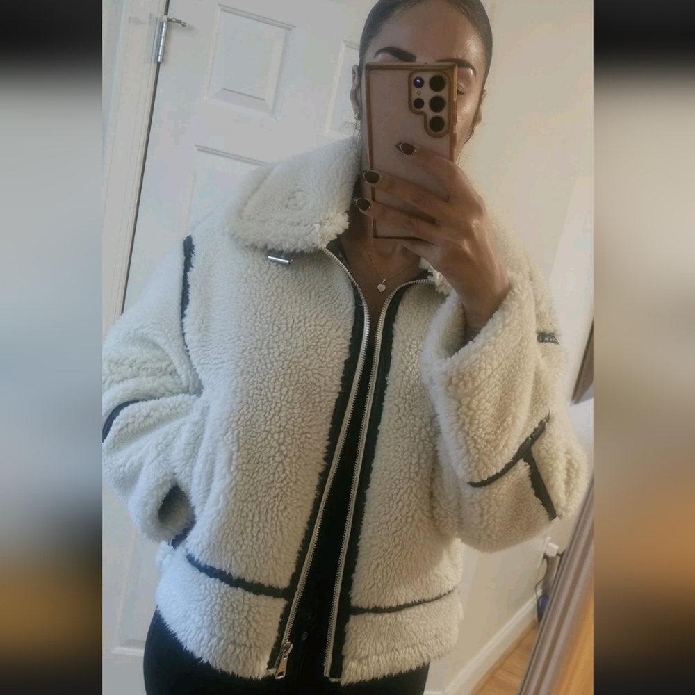 ZARA FAUX SHEARLING BIKER JACKET ZW COLLECTION ECRU (M) Retail $200 EUC-naked - Picture 14 of 16